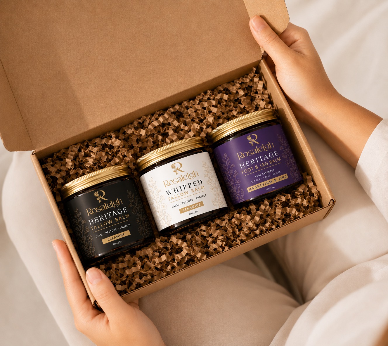 Rosaleigh Tallow Skincare Collection on natural stone